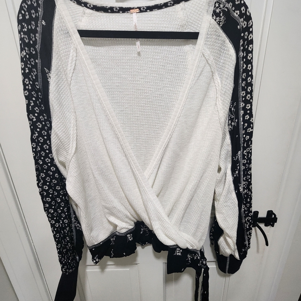 Free People Black and White Boho Floral Wrap Blouse